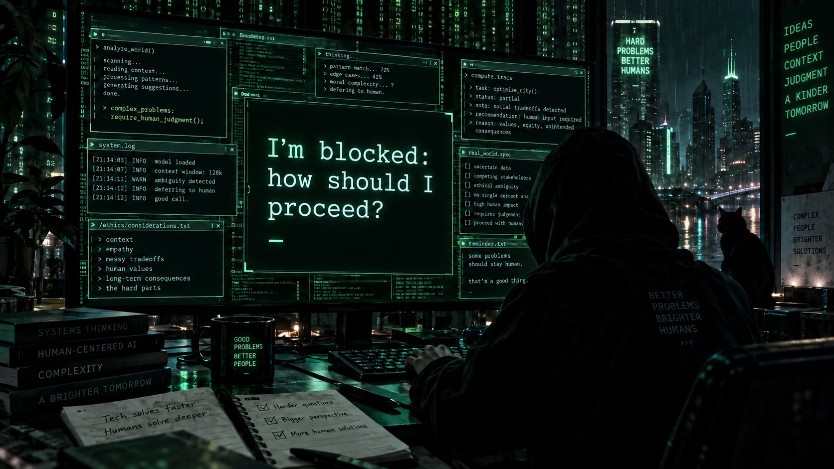 A hooded figure at a desk of glowing terminal windows in a rain-lit
cyberpunk city, one screen reading "I'm blocked: how should I proceed?" and
another noting hard problems require human
judgment