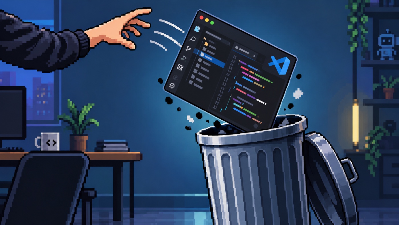 Pixel art: a hand flinging a VS Code window into a metal trash can beside a desk in a dim, blue-lit room