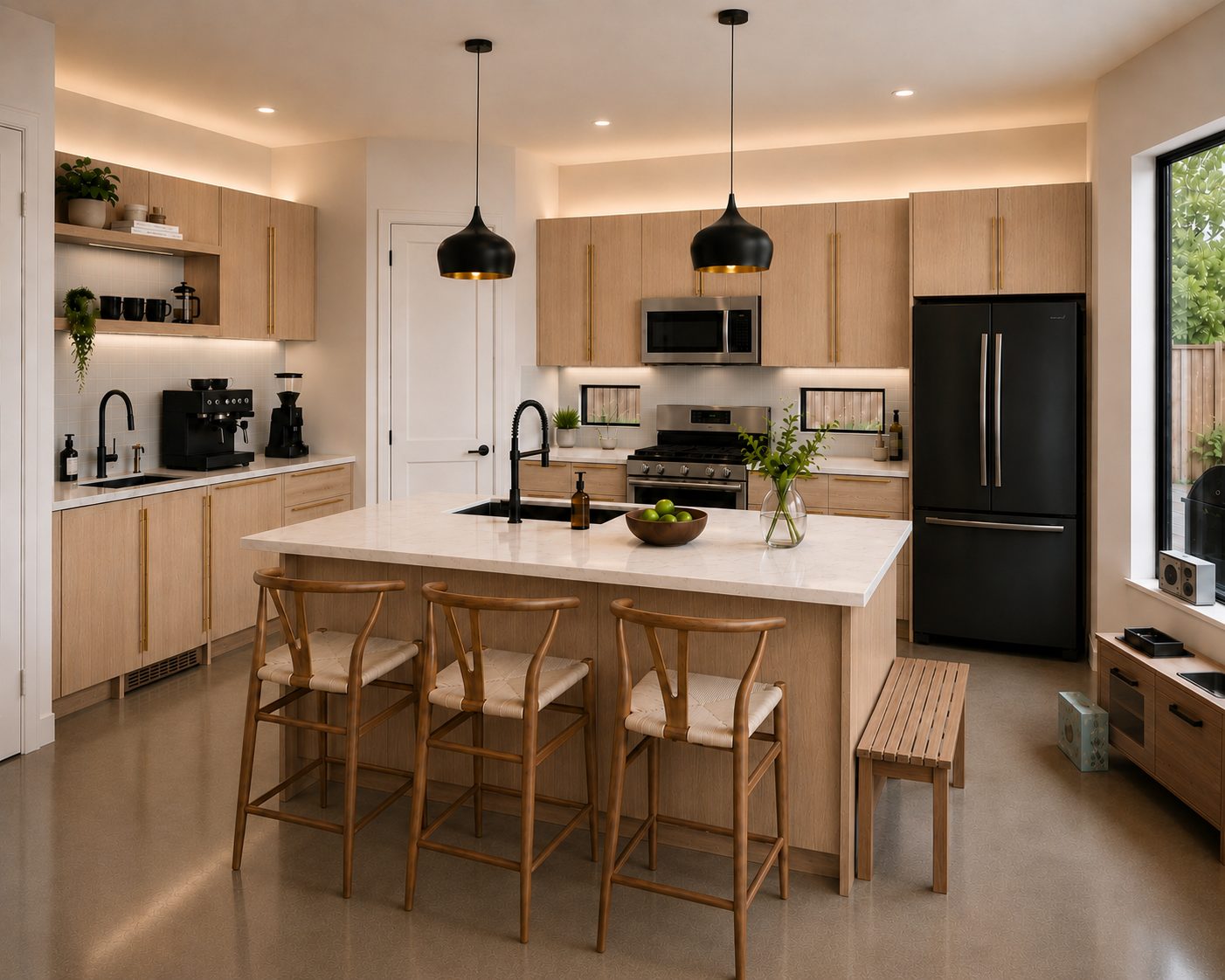 White oak kitchen cabinets with a light stone island, black pendant lights, and an espresso station