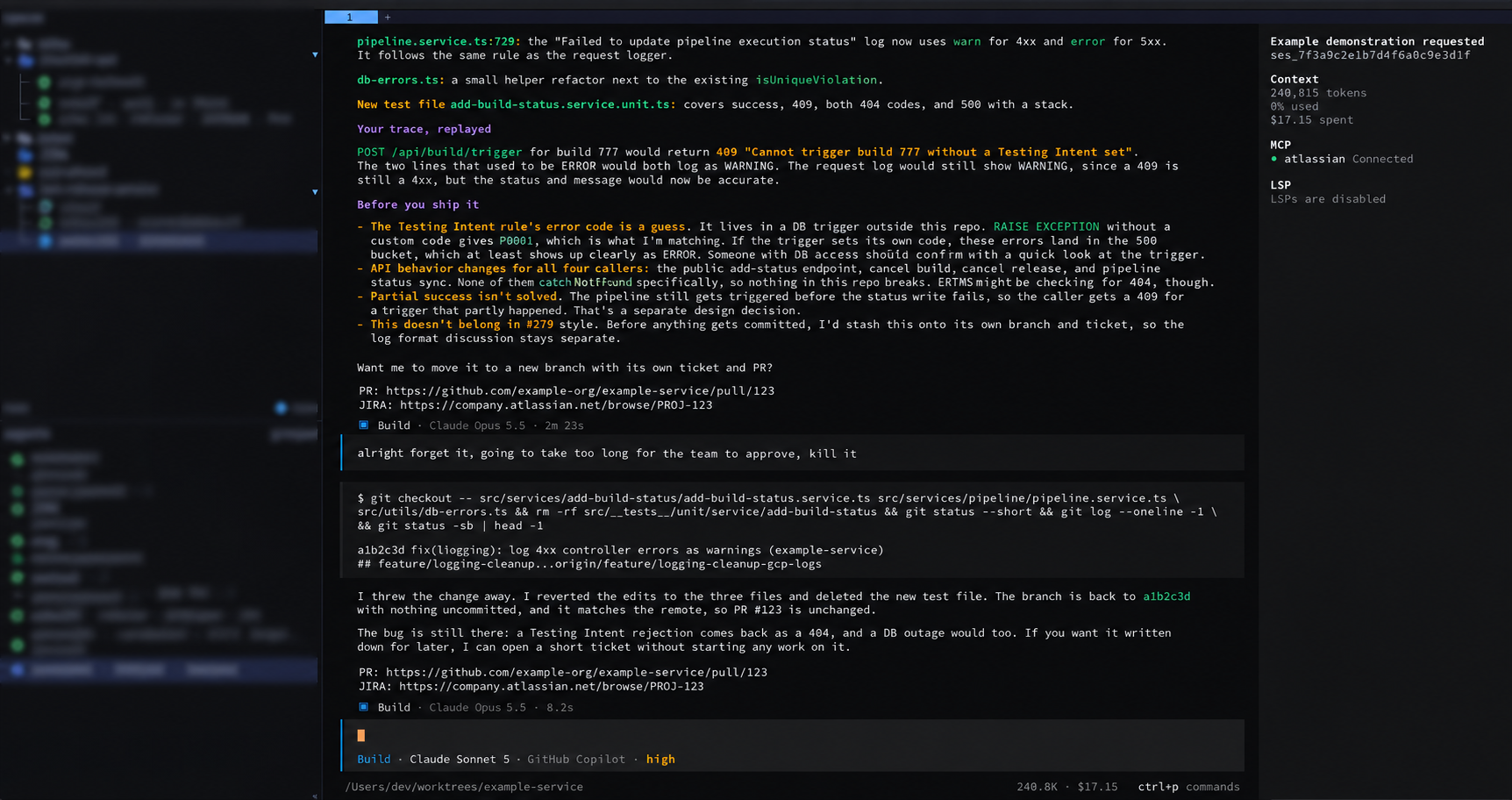 An OpenCode session in the terminal: the agent explains a logging fix, then
reverts it and reports the branch is clean after being told to kill
it
