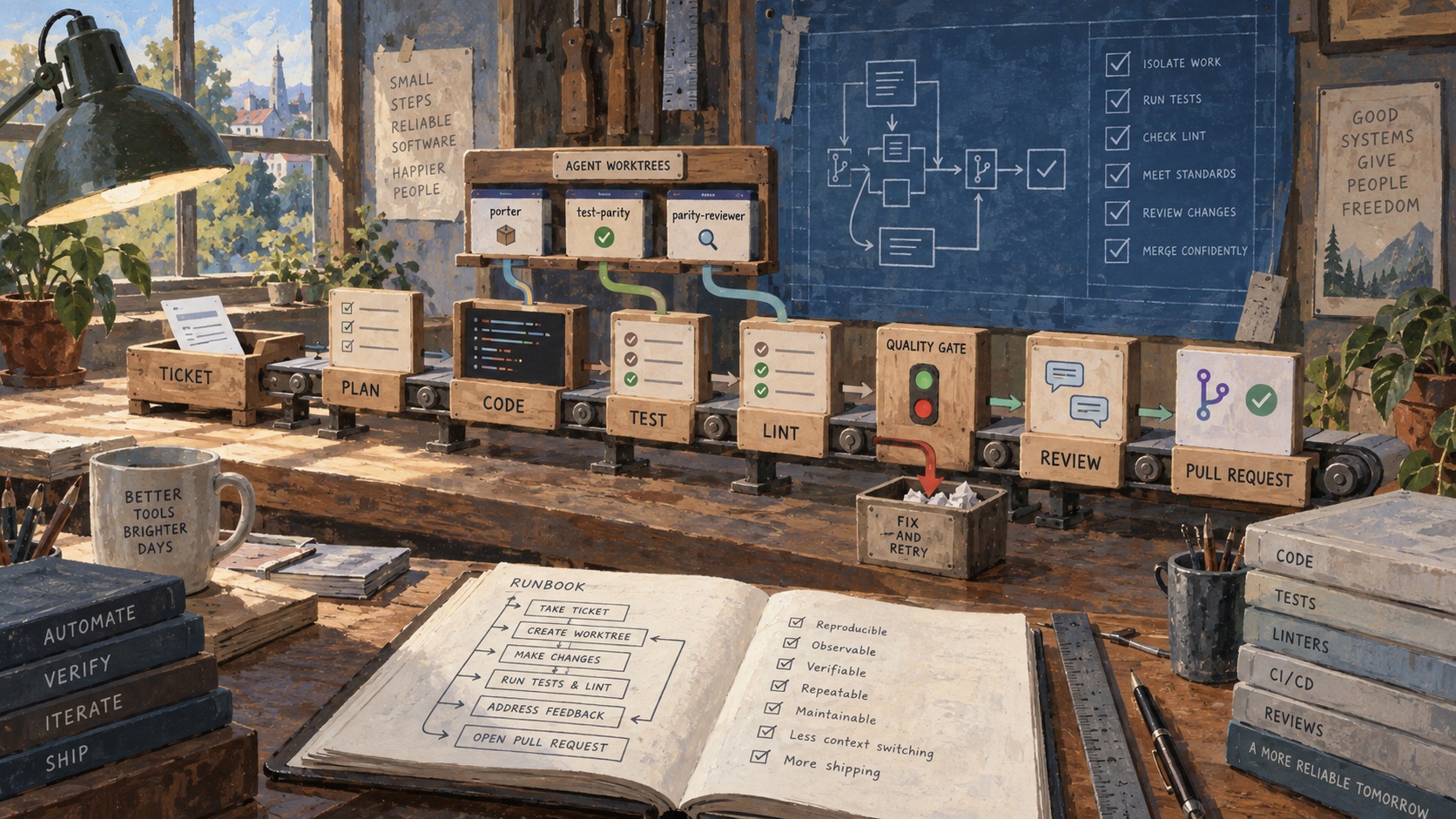 A painted illustration of a workshop desk with an open runbook and a
conveyor-belt pipeline of labeled stations — ticket, plan, code, test, lint,
quality gate, review, pull request — beside a rack of agent
worktrees
